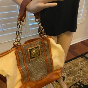 Tory Burch large leather and canvas tote USED